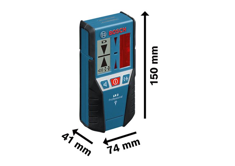 Odbiornik laserowy Bosch LR 2 o wymiarach 150 x 74 x 41 mm.