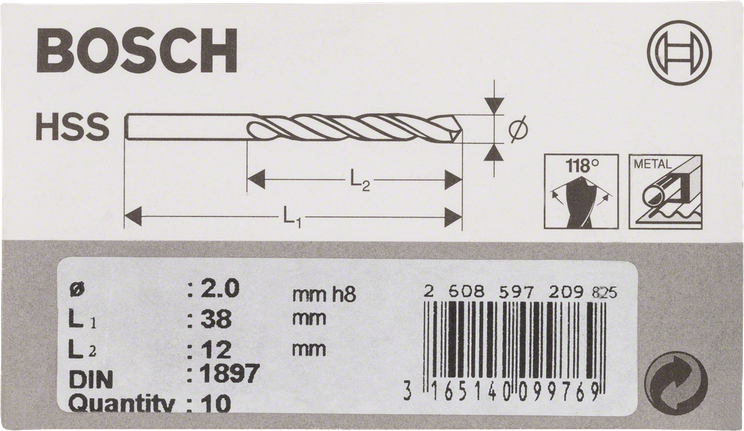 Wiertło krótkie HSS-R Bosch do metalu, średnice 2 mm, DIN 1897.