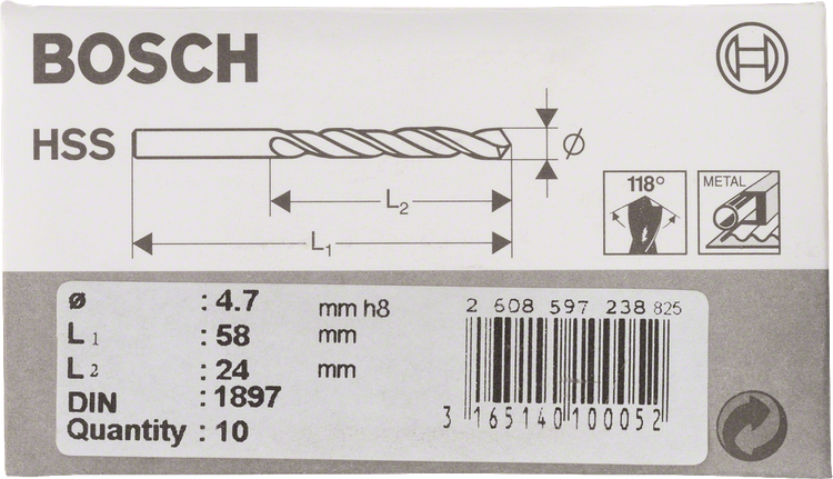Wiertło krótkie HSS-R Bosch do metalu 4,7 mm, DIN 1897.