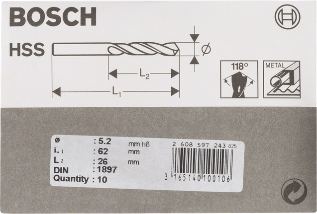 Wiertła krótkie HSS-R Bosch DIN 1897 do metalu 5,2 mm.