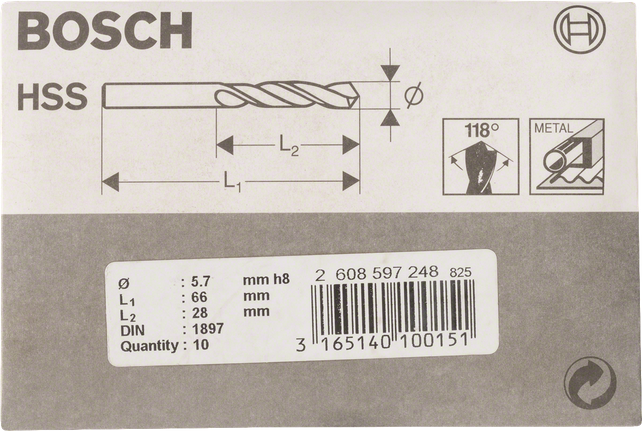 Wiertła krótkie HSS-R Bosch do metalu o średnicy 5,7 mm.