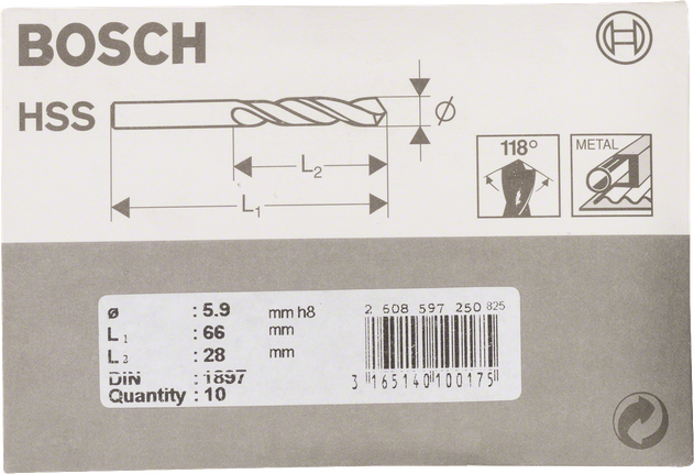 Wiertło krótkie HSS-R Bosch DIN 1897 do metalu, 5,9 mm.