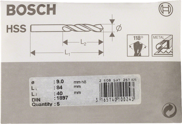 Wiertła krótkie HSS-R Bosch do metalu, 9 mm, DIN 1897.