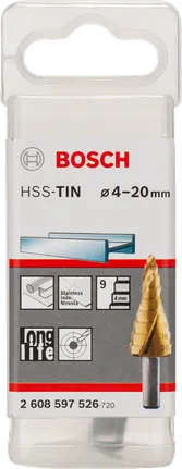 Wiertło stopniowe HSS-TiN Bosch 4–20 mm.