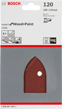 Bosch C430, 5 arkuszy ściernych o gradacji 120.