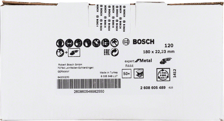 Tarcza ścierna fibrowa Bosch R444 do metalu, 180 mm, ziarnistość 120.