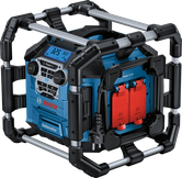 Radio Bosch GPB 18V-5 C z subwooferem i dwoma gniazdami zasilania.