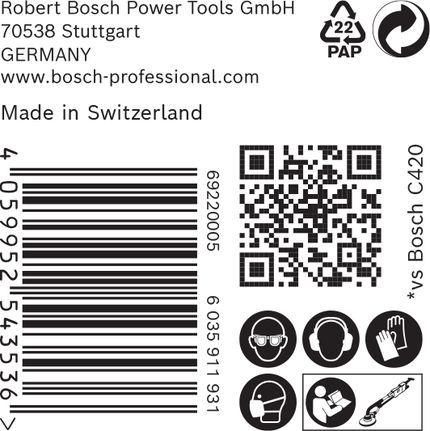Etykieta papieru ściernego Bosch EXPERT C470 z ikonami bezpieczeństwa.