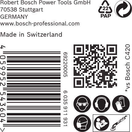 Etykieta z papierem ściernym Bosch Expert C470 z ikonami bezpieczeństwa.