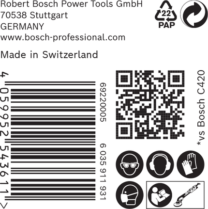 Etykieta z papierem ściernym Bosch Expert C470 z ikonami bezpieczeństwa.