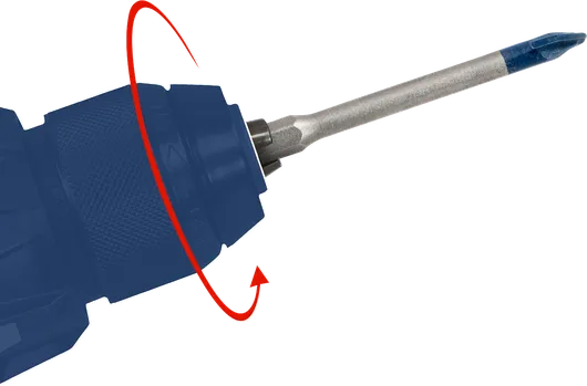 Uchwyt wiertarski obraca się, a w niego włożona jest końcówka śrubokręta.