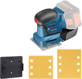 Akumulatorowa szlifierka oscylacyjna Bosch GSS 18V-10 z papierami ściernymi.