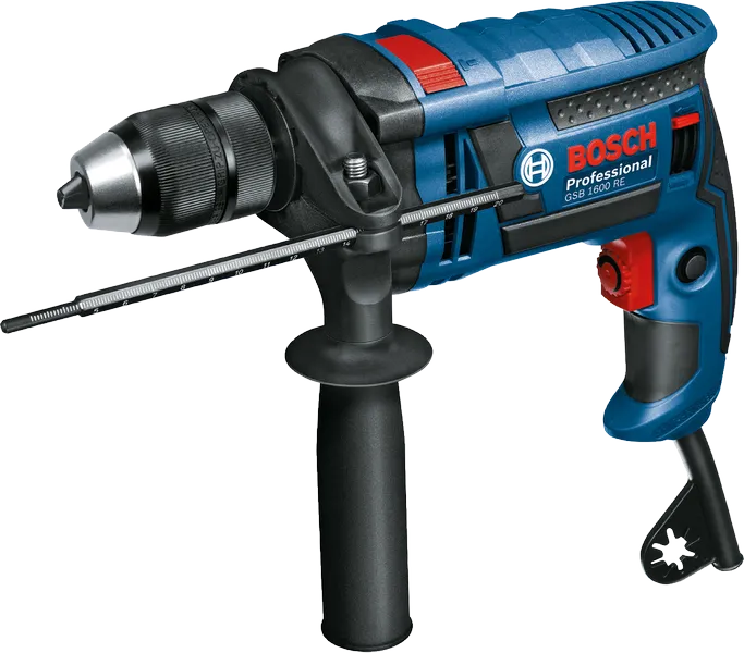 Wiertarka udarowa sieciowa Bosch GSB 1600 RE z rękojeścią boczną.