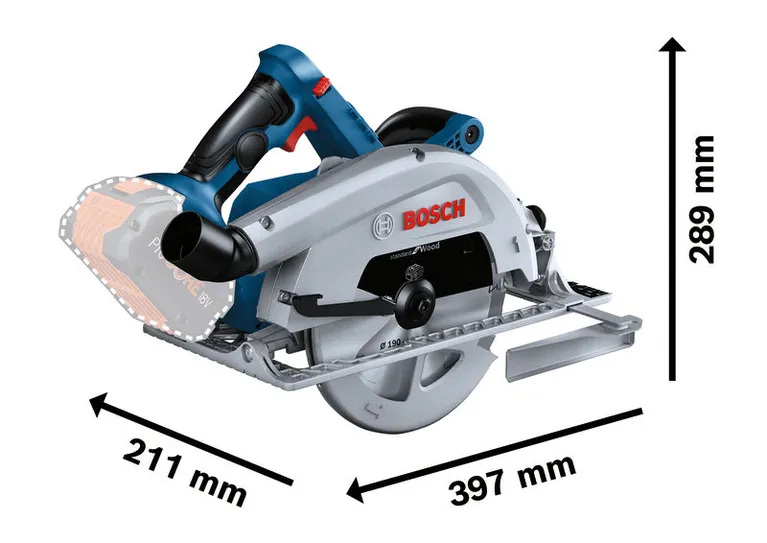 Akumulatorowa pilarka tarczowa Bosch GKS 18V-68 o wymiarach.