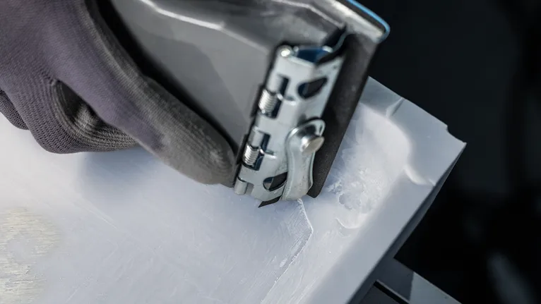 Osoba ubrana w sprzęt ochronny używa elektronarzędzia do wygładzenia krawędzi białego materiału.