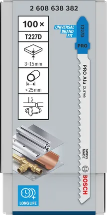 Brzeszczoty do wyrzynarki Bosch PRO Alu curve T227D 100× 3–15 mm 3/8–1/2″.