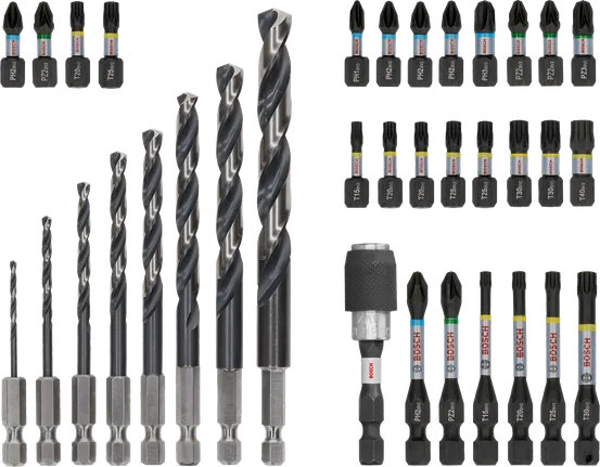 Zestaw Bosch PRO Impact Metal, 35 elementów, różne wiertła i końcówki wkrętakowe.