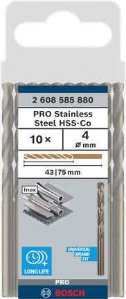 Wiertło spiralne HSS-Co ze stali nierdzewnej Bosch PRO 4 mm, opakowanie 10 sztuk.