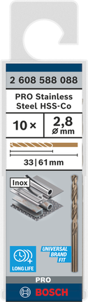Zestaw wierteł HSS-Co 2,8 mm Bosch PRO ze stali nierdzewnej.