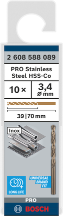 Zestaw wierteł HSS-Co 3,4 mm Bosch PRO ze stali nierdzewnej.