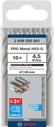 Wiertło spiralne Bosch PRO Metal HSS-G 4,5 mm, opakowanie 10 sztuk.