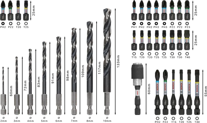 Zestaw Bosch PRO Impact Metal 35 elementów z wiertłami i końcówkami wkrętakowymi.