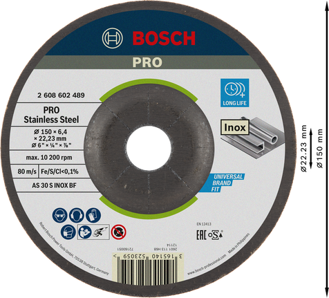 Tarcza szlifierska Bosch PRO ze stali nierdzewnej, średnica 150 mm.