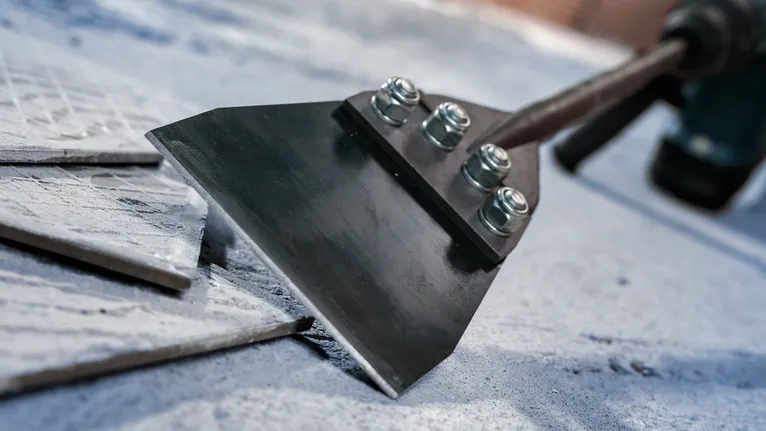 Szeroka końcówka dłuta do usuwania płytek ceramicznych z betonowej podłogi.