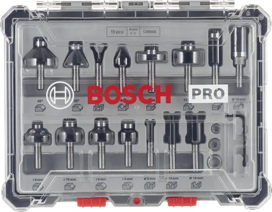 Zestaw frezów Bosch PRO, 15 sztuk, w etui.