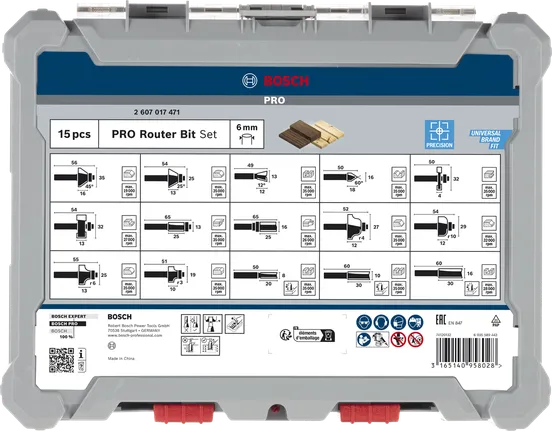 Zestaw frezów Bosch PRO Router Bit Mixed 6 mm, 15 sztuk w etui.