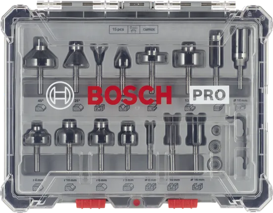 Zestaw frezów Bosch PRO, 15 sztuk, w etui.