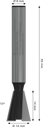 Frez do połączeń na jaskółczy ogon Bosch PRO Router 15°, trzpień 8 mm.