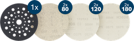 Zestaw siatek ściernych Bosch EXPERT M480 125 mm z tarczami o gradacji 80, 120, 180.
