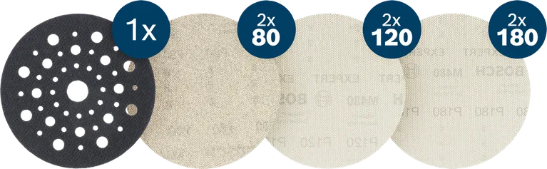 Zestaw siatek ściernych Bosch EXPERT M480 125 mm z tarczami o gradacji 80, 120, 180.