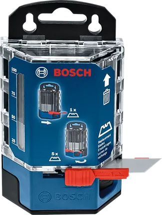 Pojemnik na ostrza z czerwonym suwakiem pokazujący pojedyncze ostrze gotowe do użycia.