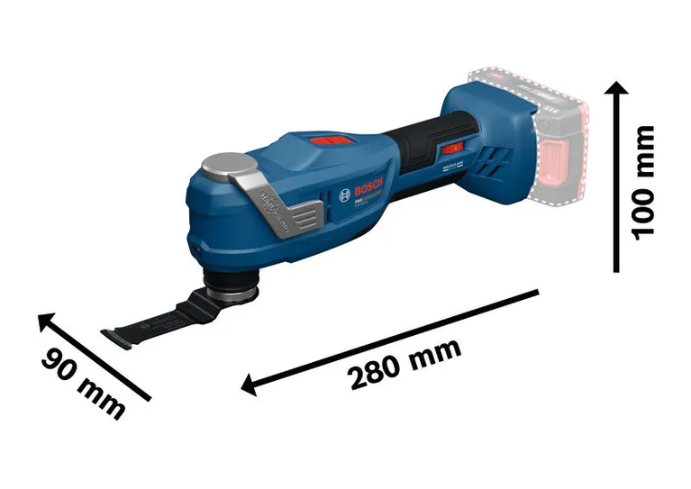 Narzędzie wielofunkcyjne Bosch GOP18V-30 z podanymi wymiarami.
