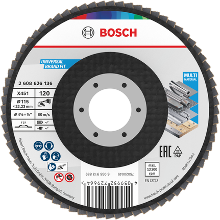 Tarcza lamelkowa Bosch X451 115mm G120 do szlifowania wielu materiałów.