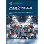 Capa do catálogo Bosch Acessórios 2026, com ferramentas e acessórios organizados em um ambiente industrial.