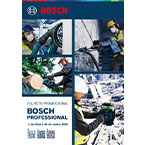 Uma montagem de quatro imagens de ferramentas Bosch Professional em uso por trabalhadores. Os trabalhadores usam equipamentos de proteção, como capacetes e máscaras. As ferramentas incluem uma furadeira e uma serra, destacando a robustez e eficiência da linha Professional. O fundo é industrial, refletindo um ambiente de trabalho.