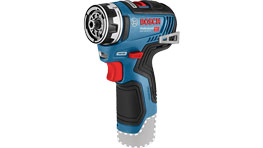 Uma furadeira Bosch Professional azul com detalhes em preto, posicionada sobre uma superfície clara.