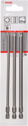 Jogo de bits de chave de fendas Bosch com 152 mm de comprimento, com encaixes T20, T25 e T30.