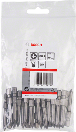 Conjunto de 25 pontas de chave de fendas Bosch PH1, com 49 mm de comprimento.