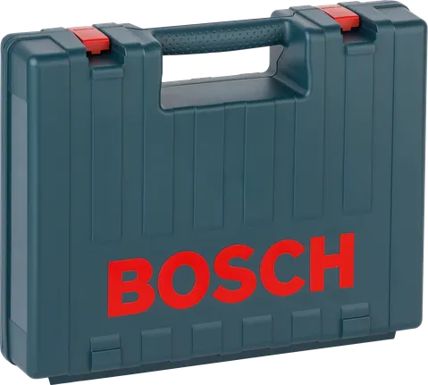 Caixa de plástico Bosch com pega e fechos vermelhos.