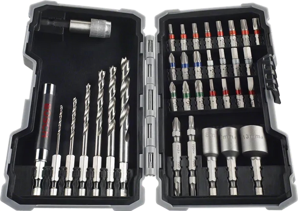 Conjunto de brocas e pontas de aparafusadora X-Line de 43 peças da Bosch .