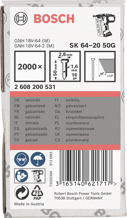 Pregos galvanizados Bosch de 50 mm calibre 16, 2000×.