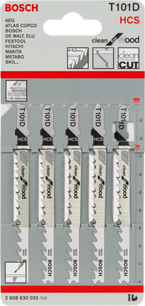 Conjunto de lâminas de serra tico-tico Bosch T 101 D para cortes limpos em madeira.