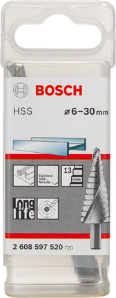 Broca escalonada Bosch HSS de 6 a 30 mm para perfuração de metal.