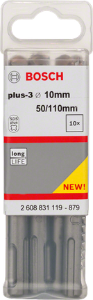 Broca para berbequim de impacto Bosch SDS plus-3 de 10 mm, pacote com longa vida útil.