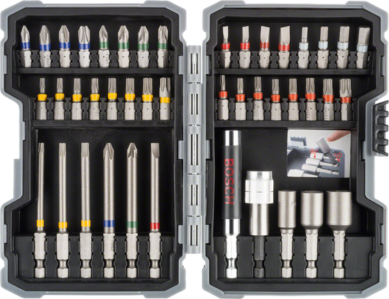 Conjunto de 43 pontas para chaves de fendas de impacto Bosch com pontas codificadas por cores.