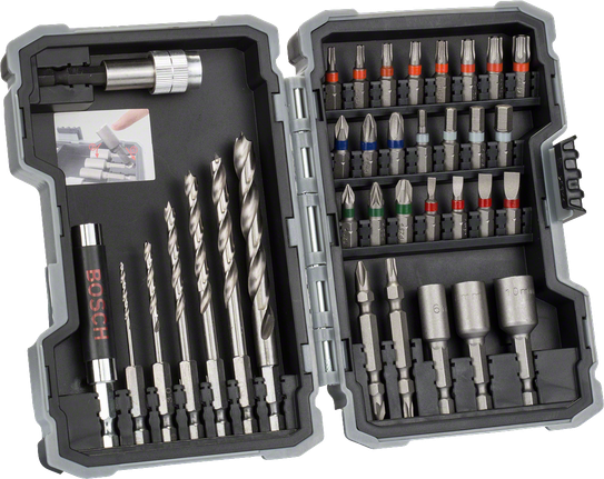 Conjunto de 35 brocas e pontas de aparafusadora HSS Bosch Extra Hard.